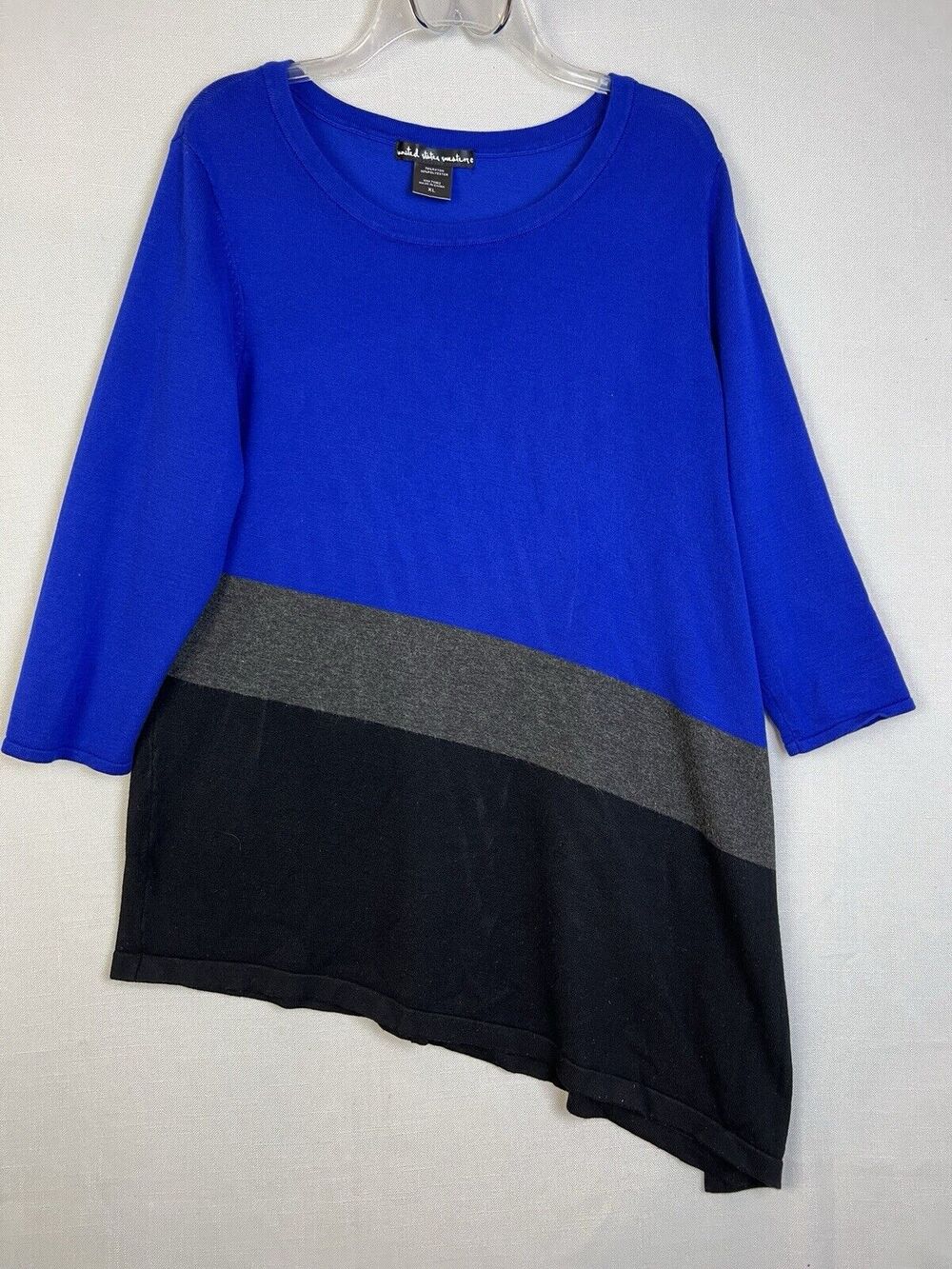 United States Sweater Tunic Women XL Blue Black High Low Hem 3/4 Sleeves Knit